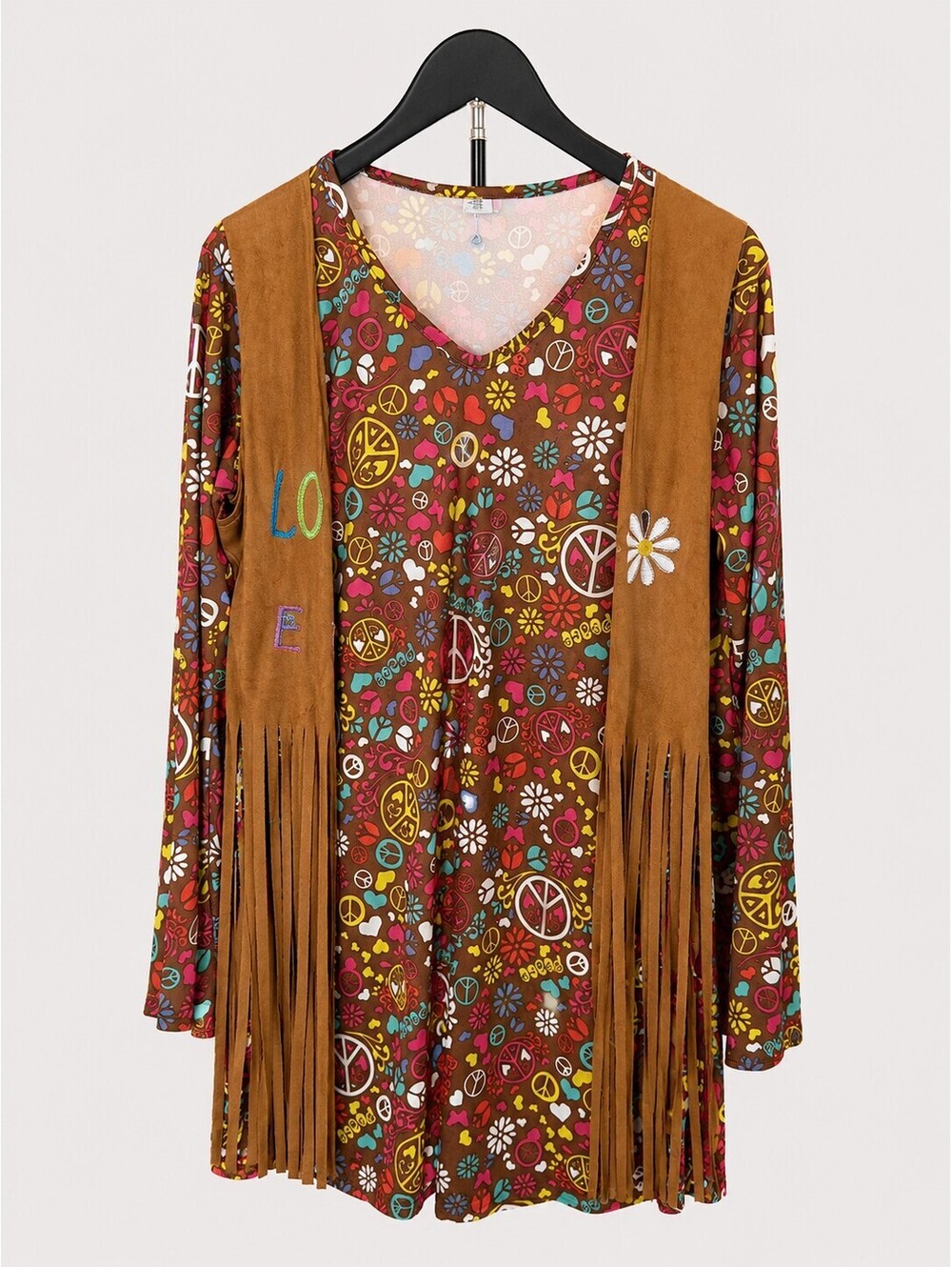 Retro 60s 70s Hippie Costume Dress – Peace Sign Fringe Festival Costume